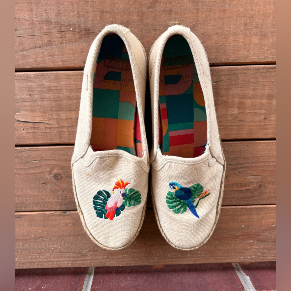 Keds Women's Beige Slip-On Shoes with Tropical Embroidery
